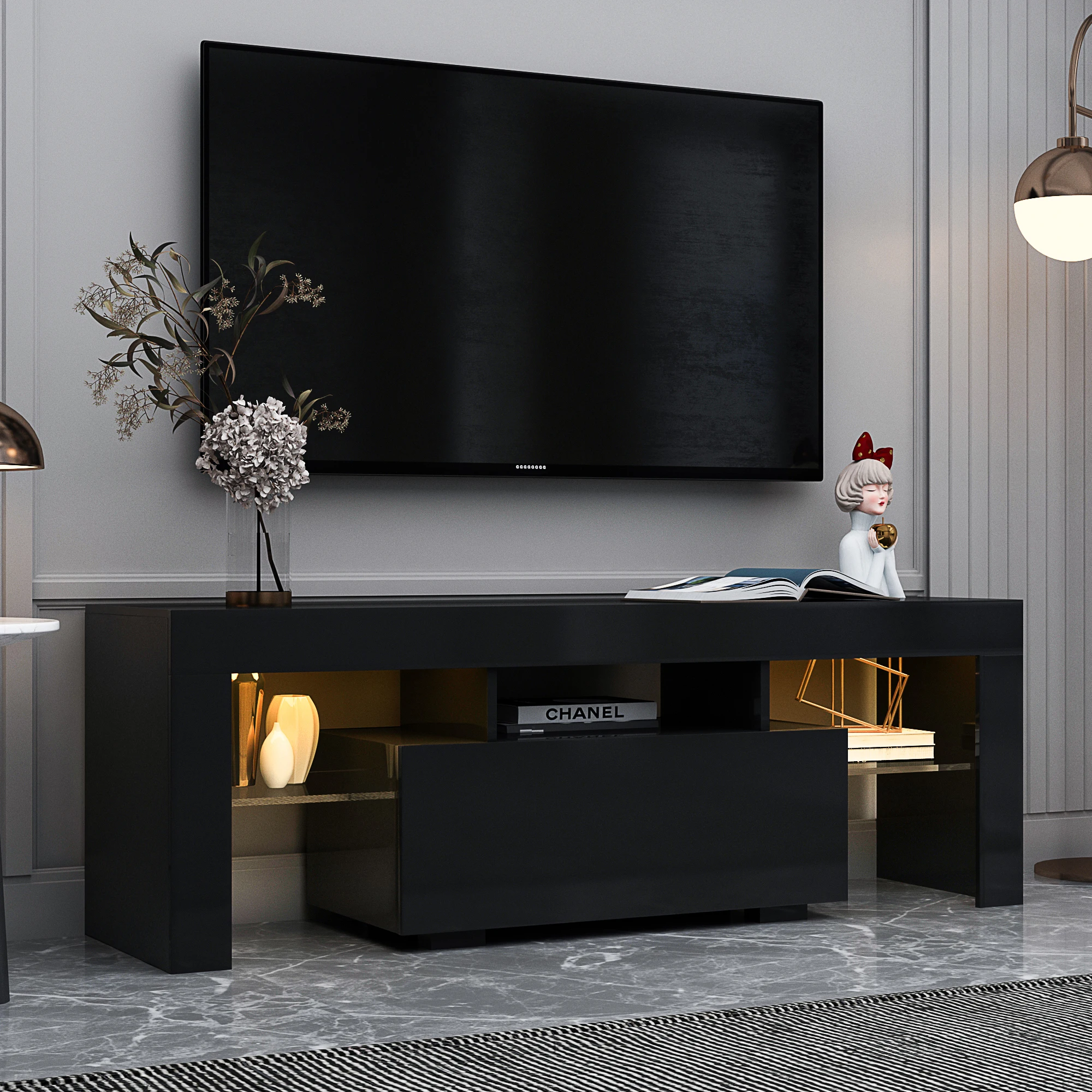 Modern TV cabinet, TV cabinet, entertainment center, TV station, TV console. Media console with led light strip, light with remo