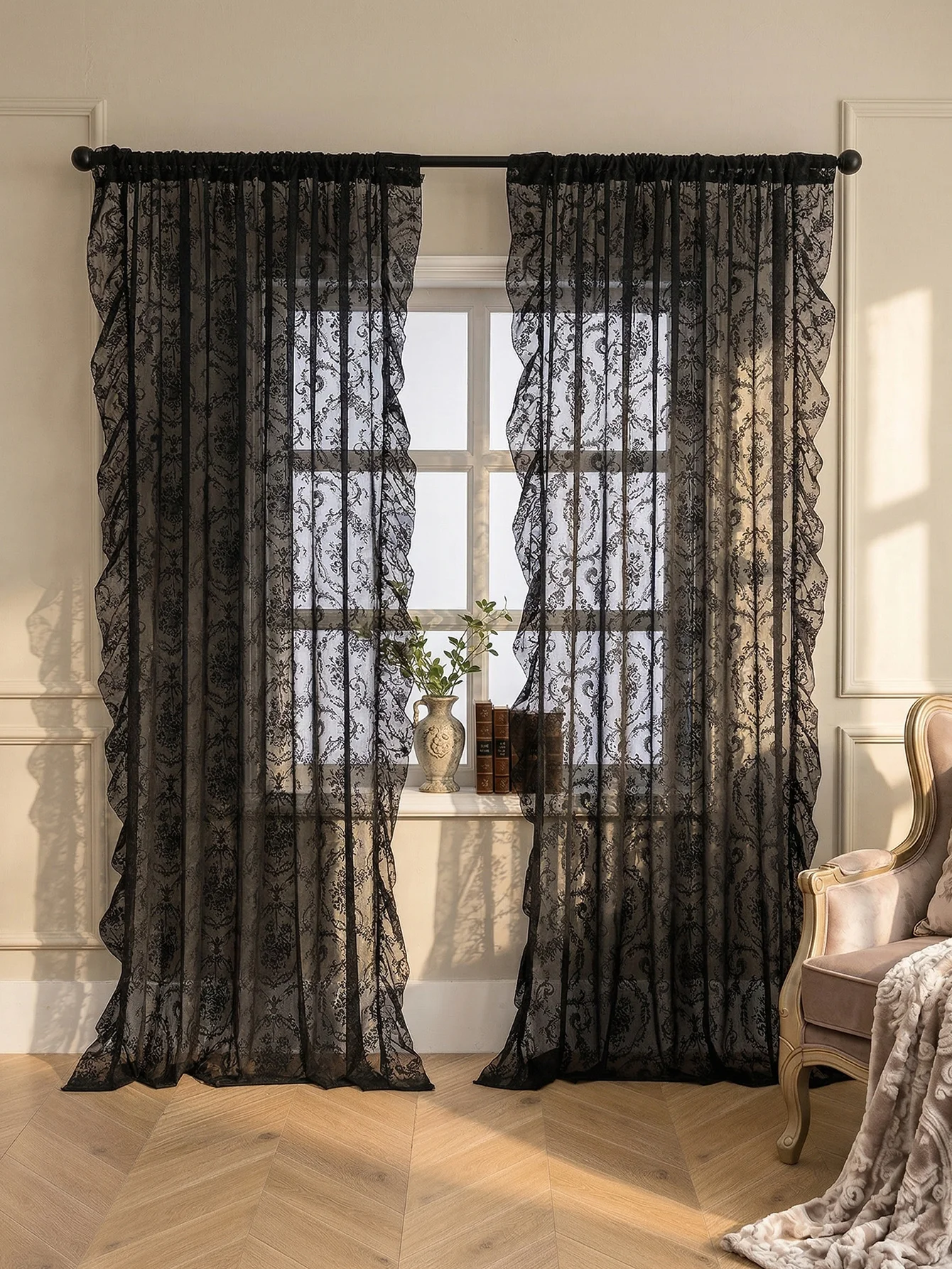 Schwarze Spitzen-Gardinen, Vintage-Blumenmuster mit Rüschenbesatz, Fenstervorhänge mit Schlaufen für Schlafzimmer und Wohnzimmer