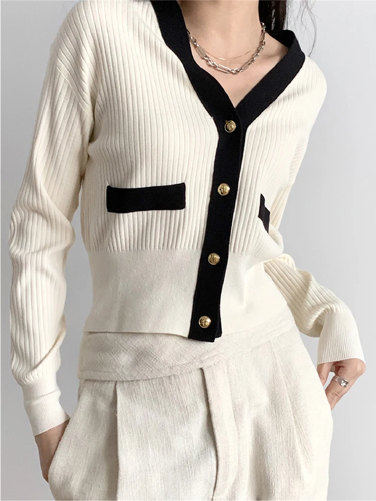 2024 Knitted Ribbed Cardigan Women Sweater Female Vintage V-neck Sweaters Long Sleeve Fashion Black White Autumn Jumper Tops