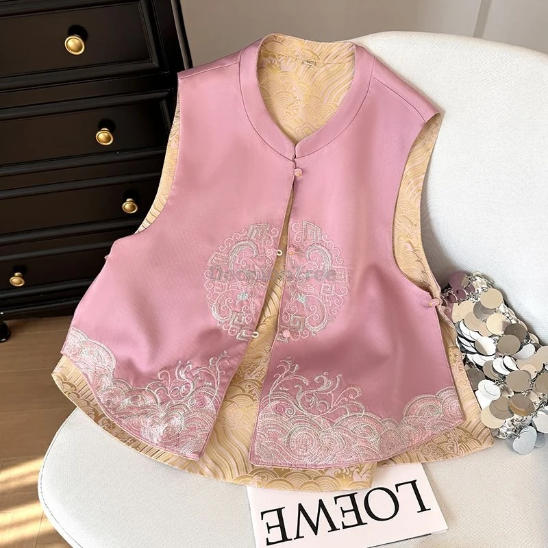 Elegant Women Jacquard Vest Reversible Embroidery Buckle Sleeveless Top Vintage Chinese Style Tang Suit Jacket Female Daily Vest