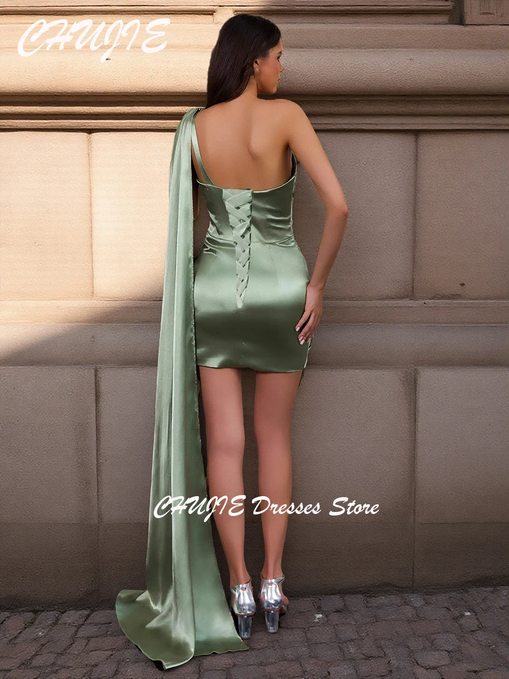 Vert Olive une épaule Mini robes de Cocktail femme sirène modeste robe de bal de mariage robe plissée robe de remise des diplômes personnalisée