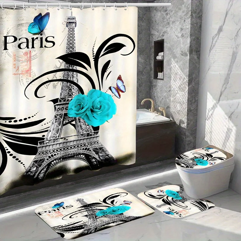 Elegant Parisian Eiffel Tower Shower Curtain Set with 12 Hooks: Includes Toilet Seat Cover, Bathroom Mat, And Non-Slip Rug - Wat