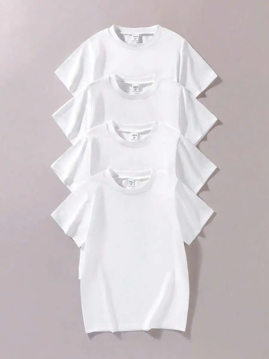 

Набор из 4 классических белых футболок с круглым вырезом для детей, мягкий хлопок, базовые вещи для повседневного ношения