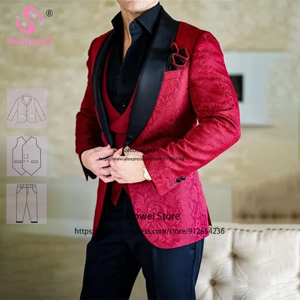 

Fashion Floral Slim Fit Tuxedo Suit For Men Custom Made 3 Piece Pants Set Formal Groom Wedding Prom Shawl Lapel Blazer Masculino