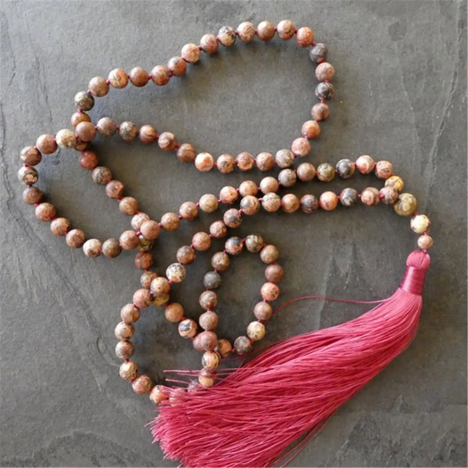 6mm Natural Leopard Skin Jasper 108 Beads Handmade Tassel Necklace Yoga Spiritual Tranquility Men Gemstone Fashion Mala