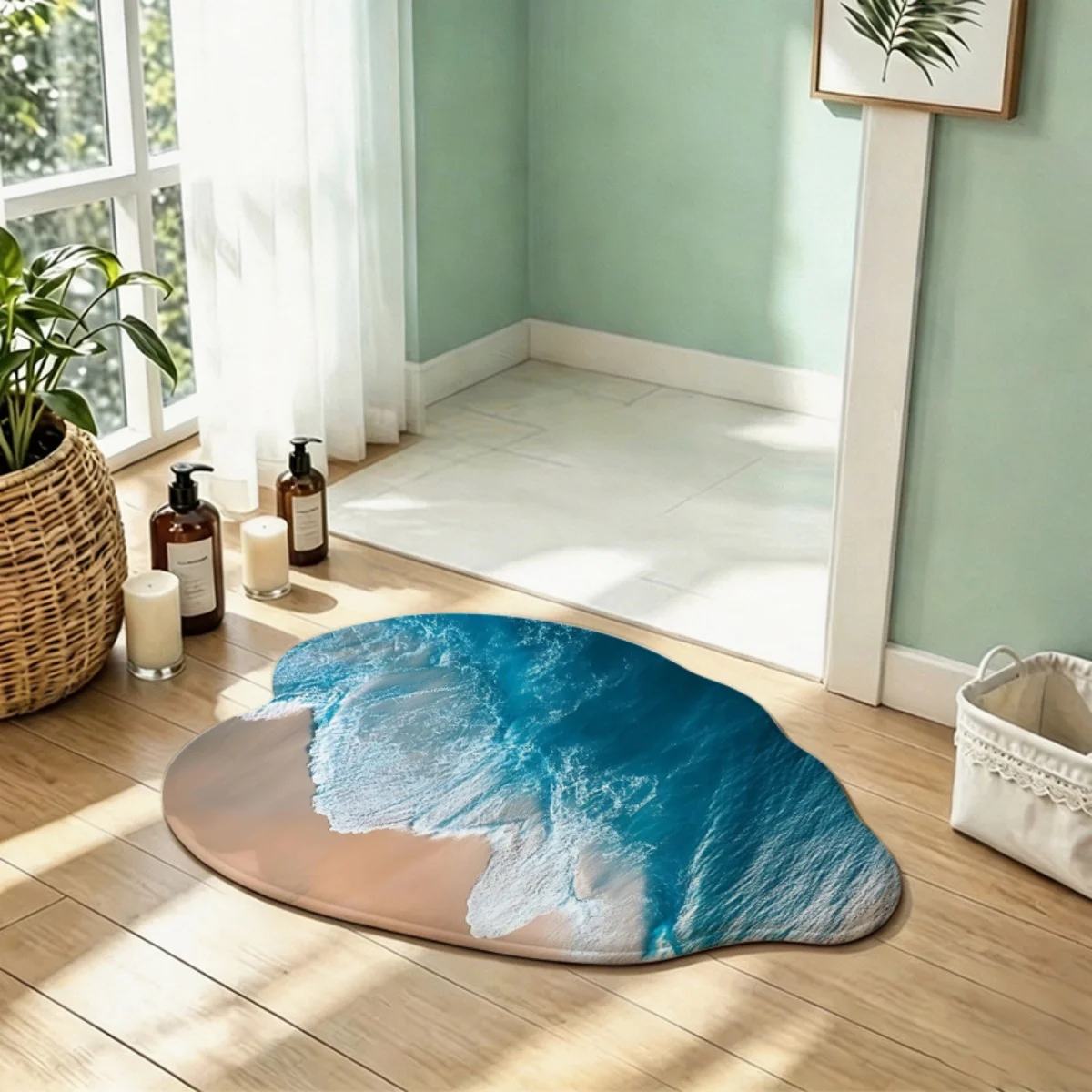 Ocean Wave Art Decor Rug Irregular Coast Print Floor Mat Nature Aesthetic Home Styling for Bathroom