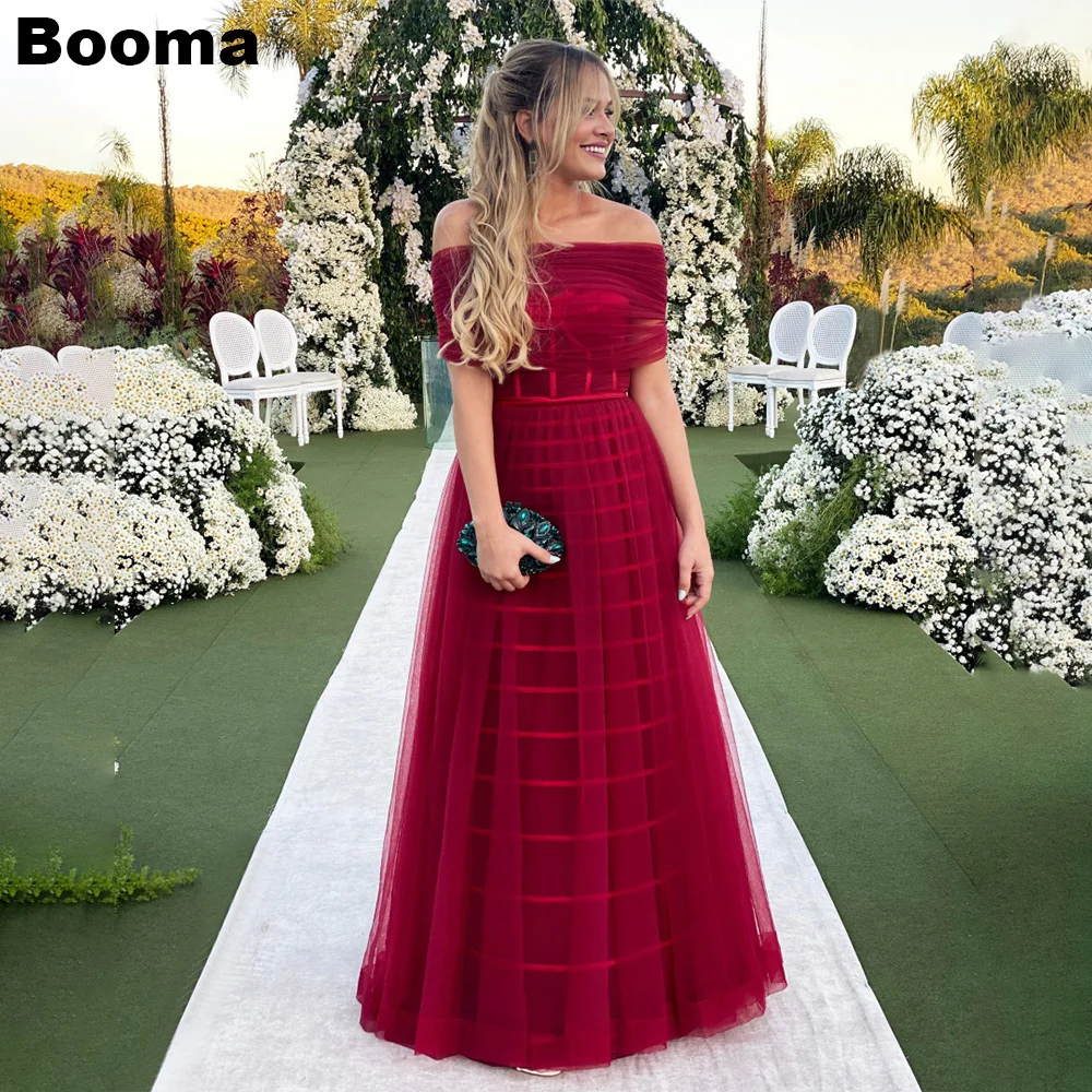 

Booma Red A Line Tulle Women's Evening Dresses Boat Neck Formal Events Dresses Night Party Prom Gowns Long formales vestidos