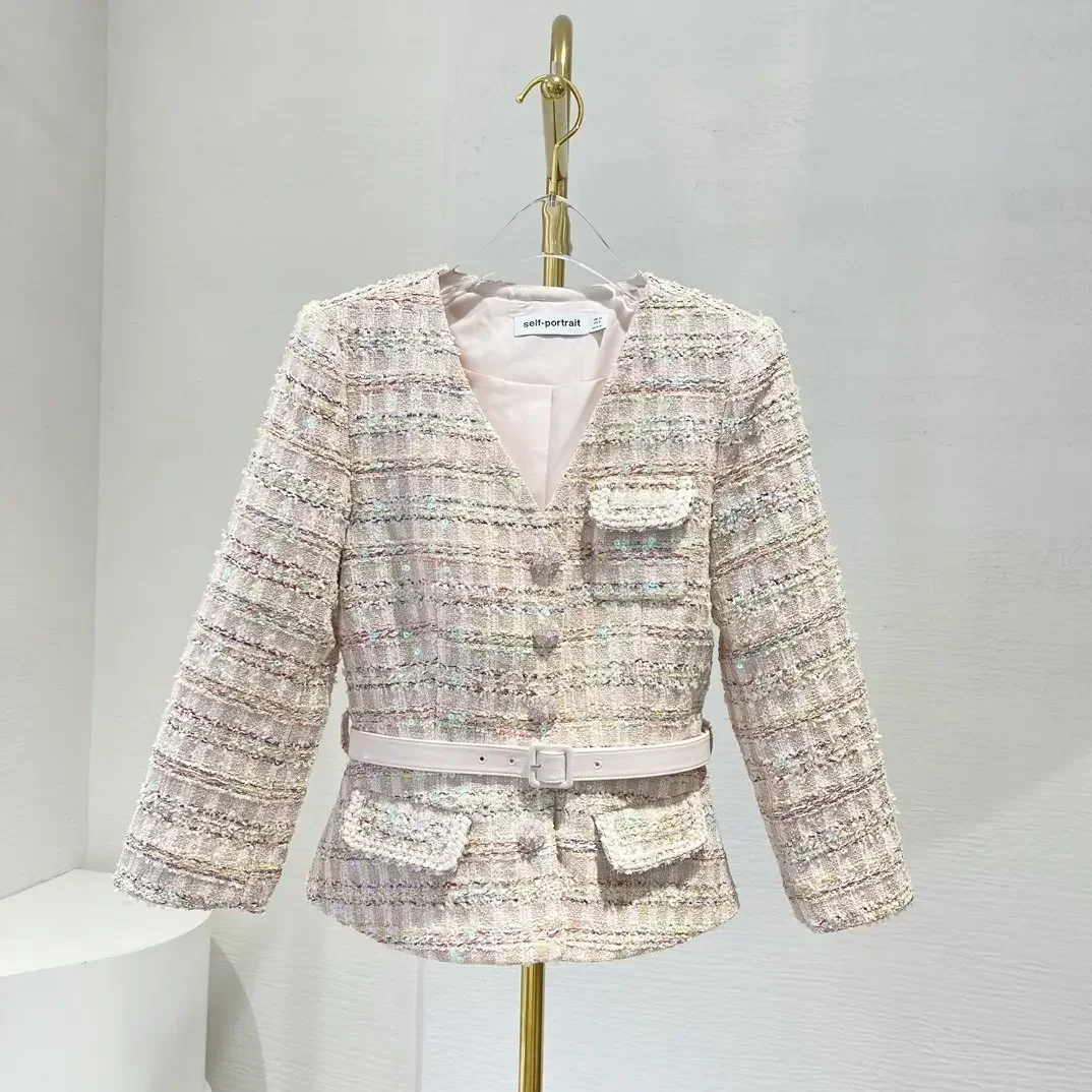 Ensemble veste et jupe mi-longue plissée rose pour femme, manches longues, col en V, paillettes brillantes, tweed abricot, nouvelle collection printemps 2024