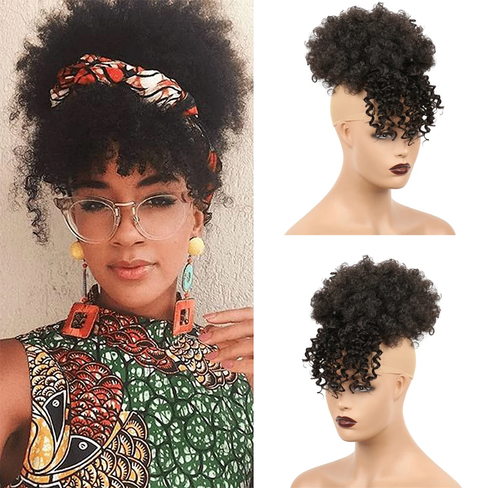 Coleta Afro Puff con cordón y flequillo, pelo rizado, extensiones de cabello, coletas cortas, postizos Updo para negro