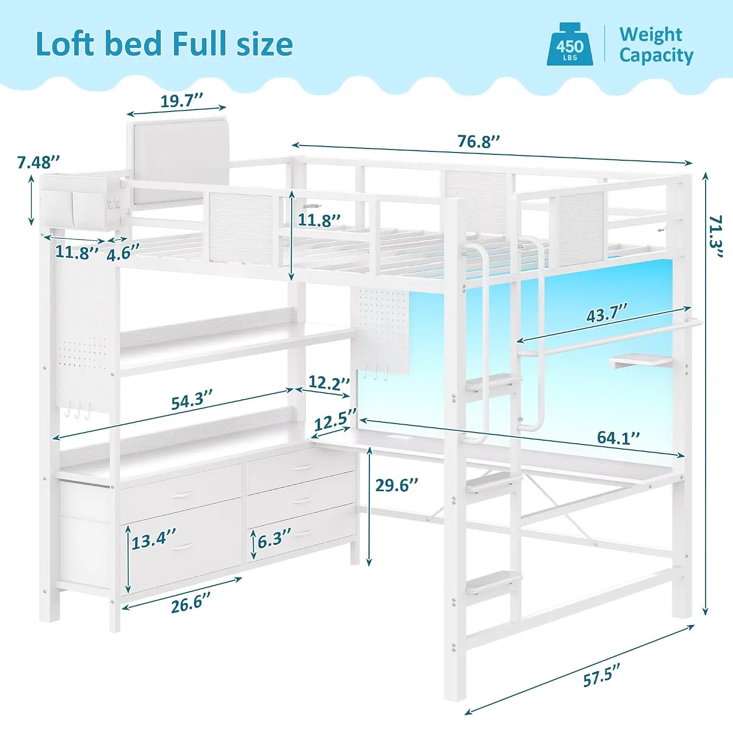Loft Bed Full Size,Full Size Loft Bed with Desk and 5 Drawers | Full Loft Bed with Charging Station,LED, Customized