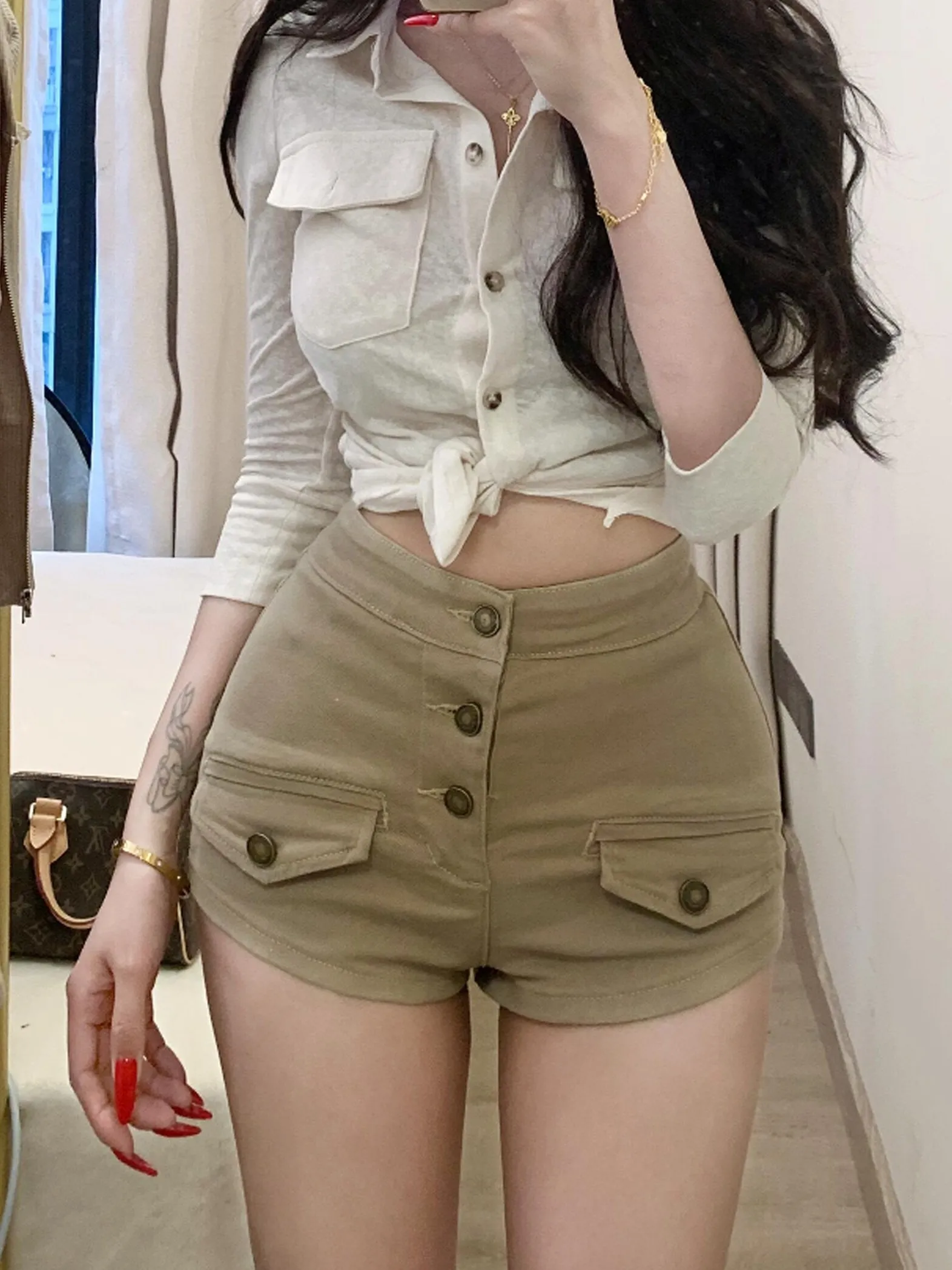 High Waist Khaki Denim Shorts for Women Summer New Style Multi-Buckled Commute Slimming Hot Pants Versatile Bodycon Shorts
