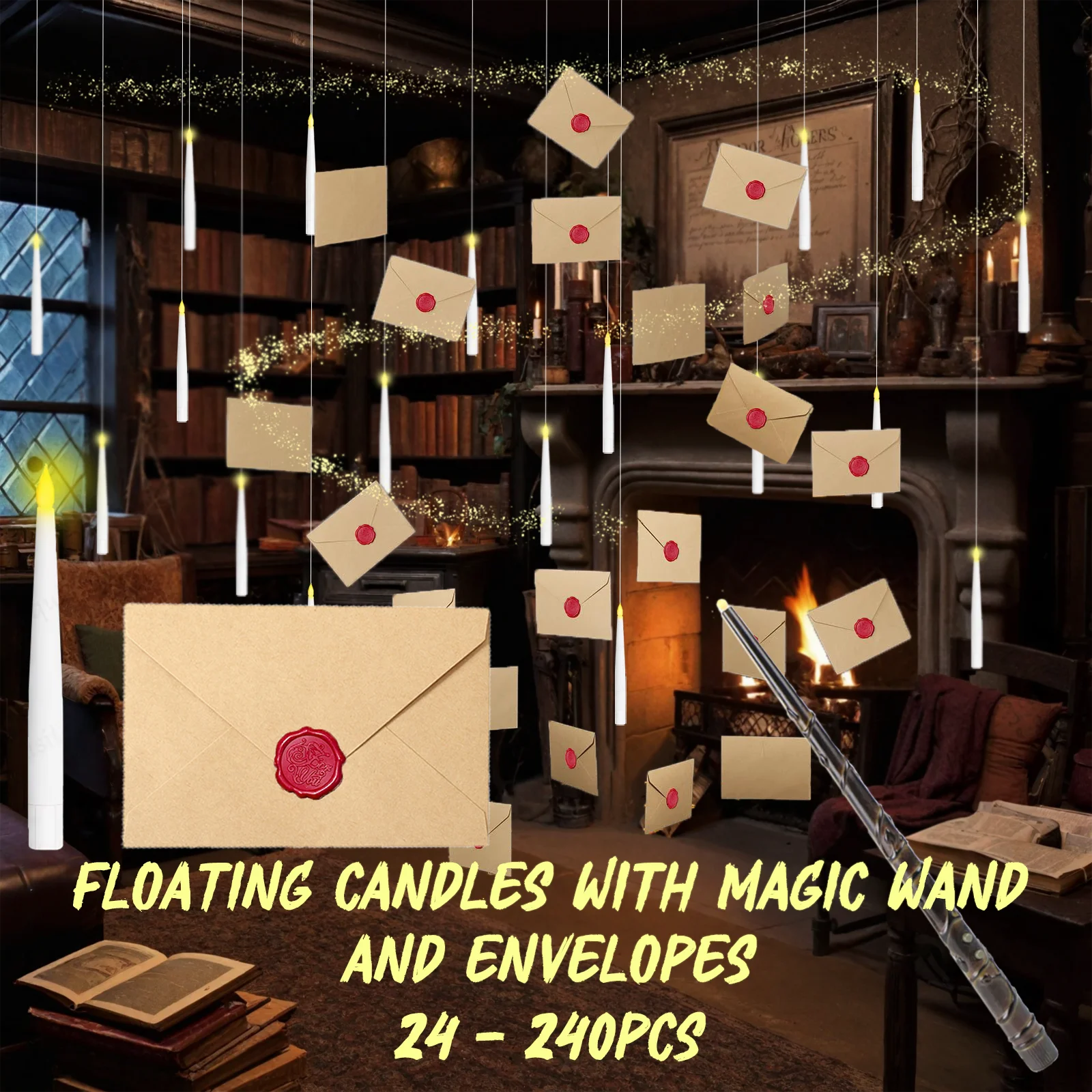 32-320Pcs Floating Candles with Magic Wand Floating Envelopes with Wax Seal Wizards Birthday Hanging Decorations Halloween Party