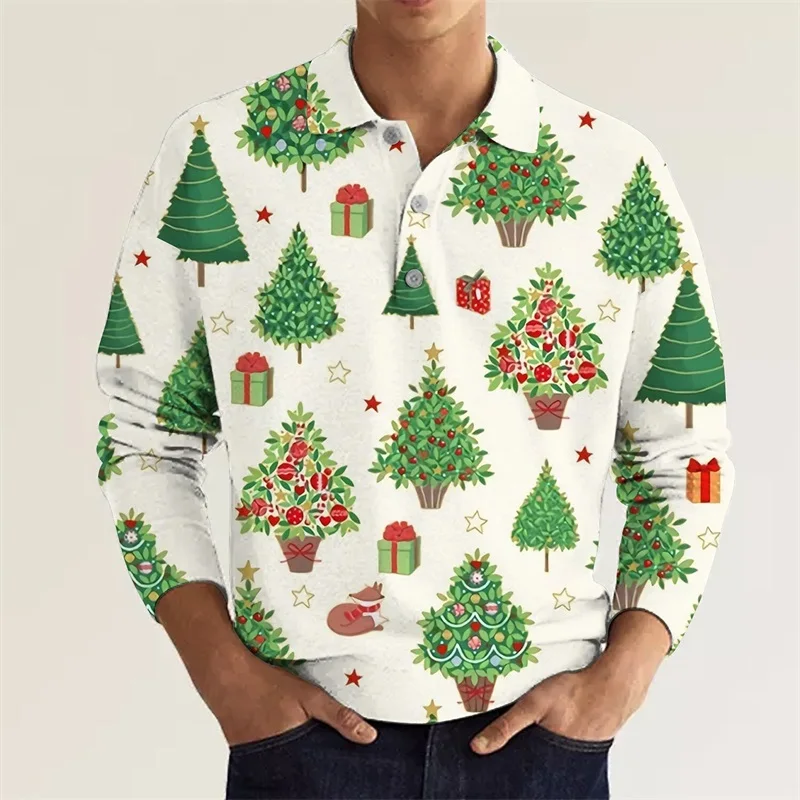 

3D Print Christmas Tree Graphic Men's Polo Shirt Fashion Loose Casual Long Sleeve Golf Shirt Autumn Winter Outdoor Daily Clothes