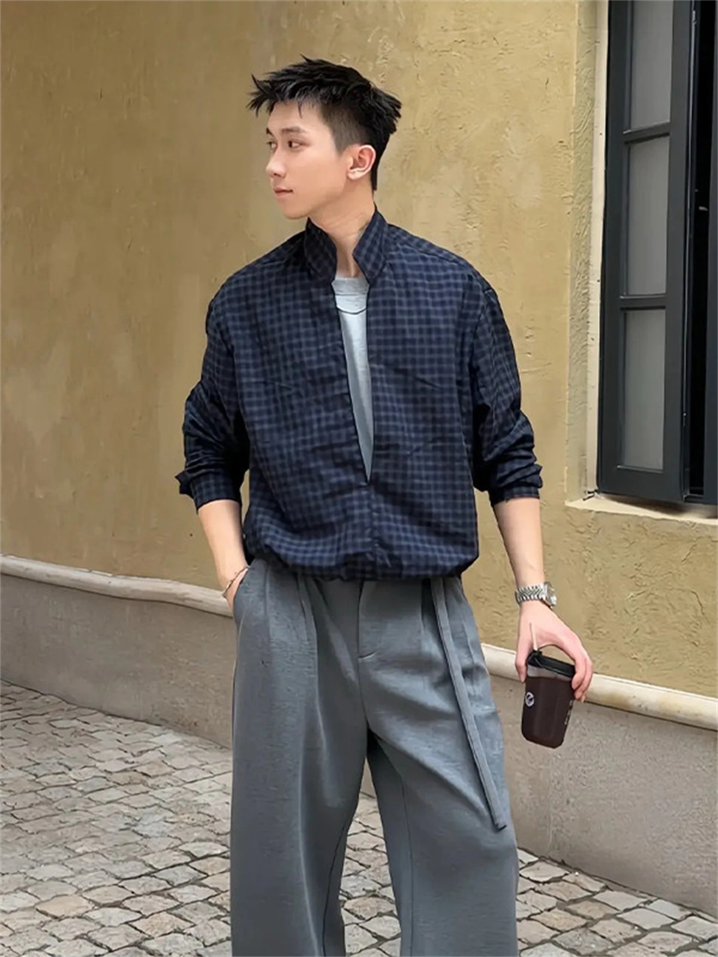 Men's Plaid Long Sleeve Stand Collar Shirt Layered Look Fake Two-Piece Loose Fit Casual Style Autumn Fashion American Style