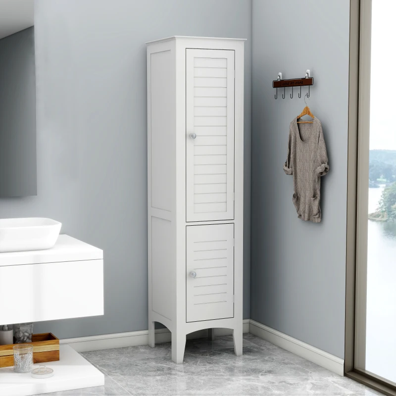 Tall Narrow Tower Freestanding Cabinet with 2 Shutter Doors 5 Tier Shelves for Bathroom, Kitchen ,Living Room ,Storage Cabinet,W