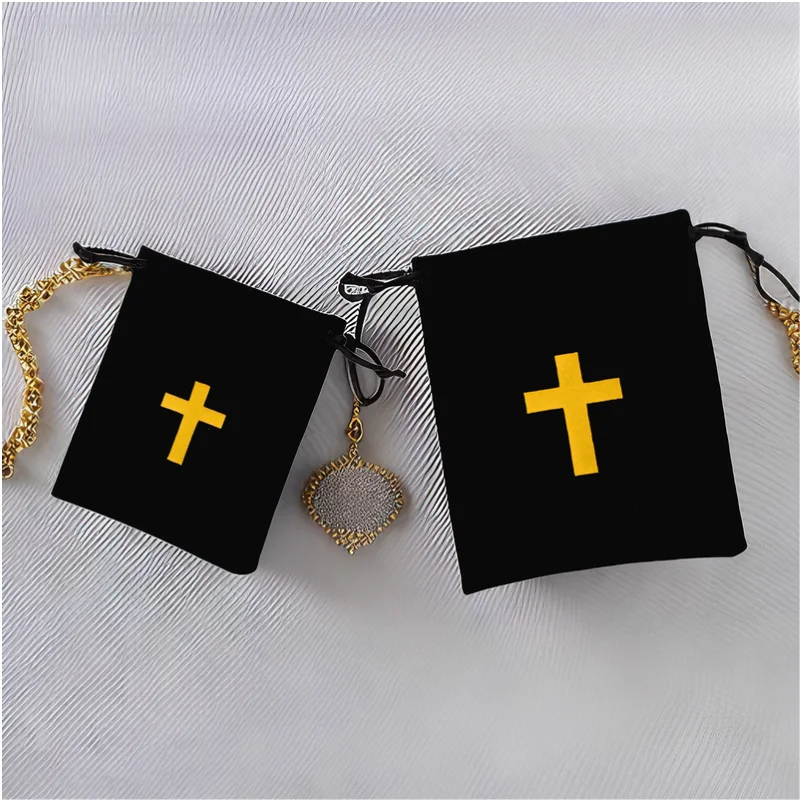 

Black 8X10cm/10X12cm Velvet Drawstring Rosary Pouch with Gold Cross Pattern - Religious Gift Bag for Prayer Beads,Catholic Gifts