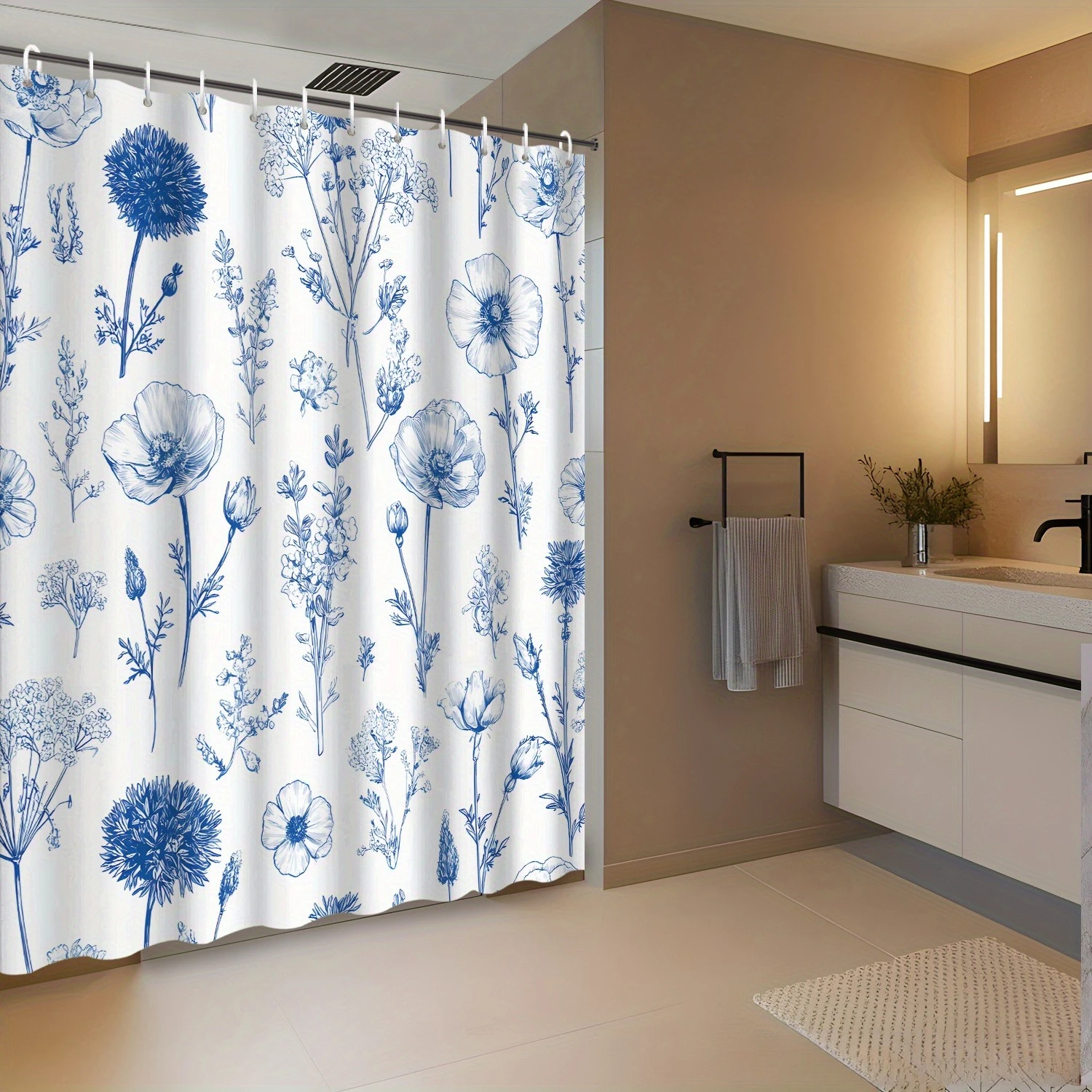 1pc 2D Flat Printing Floral Pattern Shower Curtain with Blue Line Art,, Includes 12 Hooks, Bathroom Accessory, 2D Flat