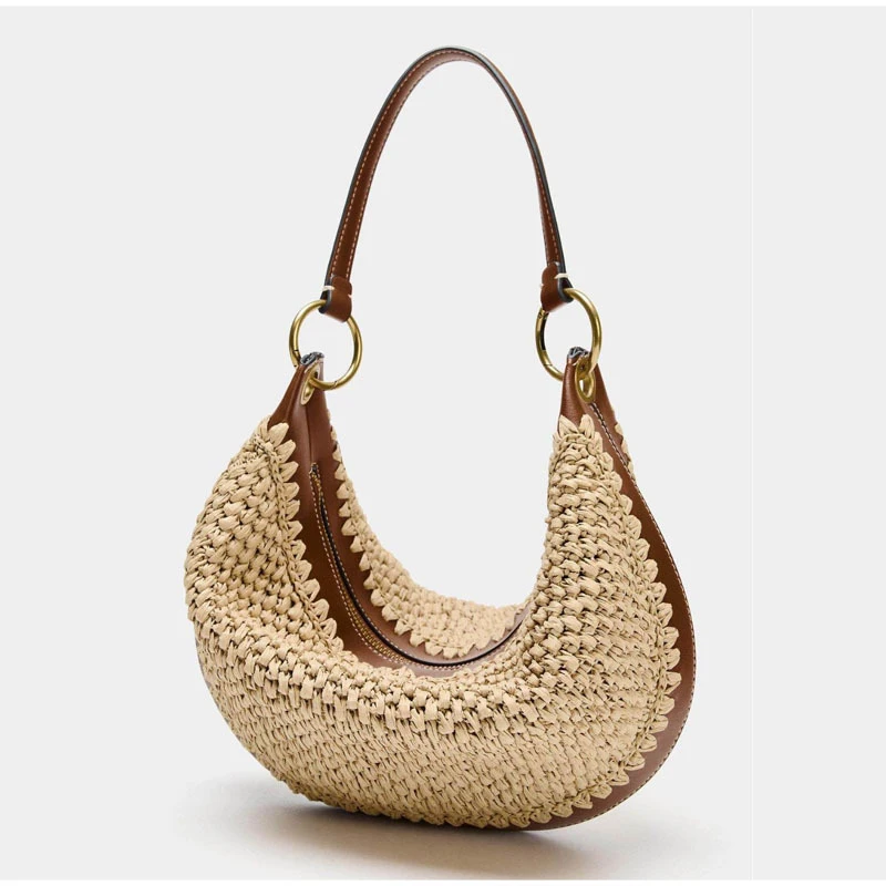 

Новая летняя модная плетеная сумка, брендовая сумка через плечо в форме полумесяца, повседневная пляжная сумка для отпуска, элегантная женская сумка на плечо