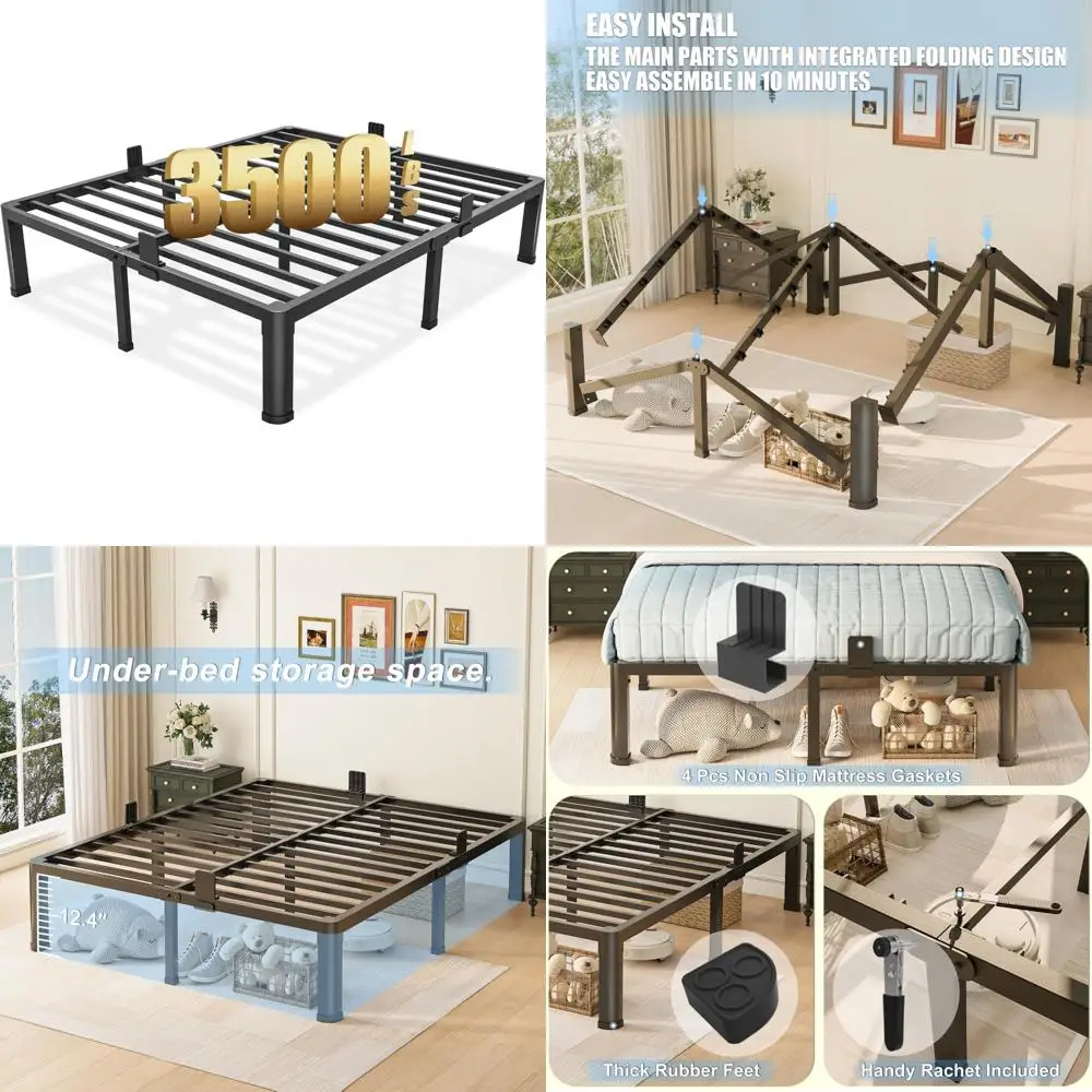 هيكل سرير معدني عالي التحمل مقاس 14 بوصة بالحجم الكامل مع أرجل زاوية مستديرة، وسدادة منزلق للمرتبة، وسعة 3500 رطل، وشريحة فولاذية #1