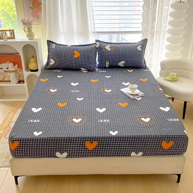 3PC Navy Blue Heart Grid Fitted Sheet Set,Cartoon Love Printed Bedding Set with Pillowcases