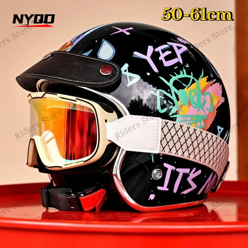 Retro 3/4 Motorcycle Helmet 3C Certified, Cartoon Graffiti Scooter Helmet for Men Women, All Season Lightweight Safety Headgear