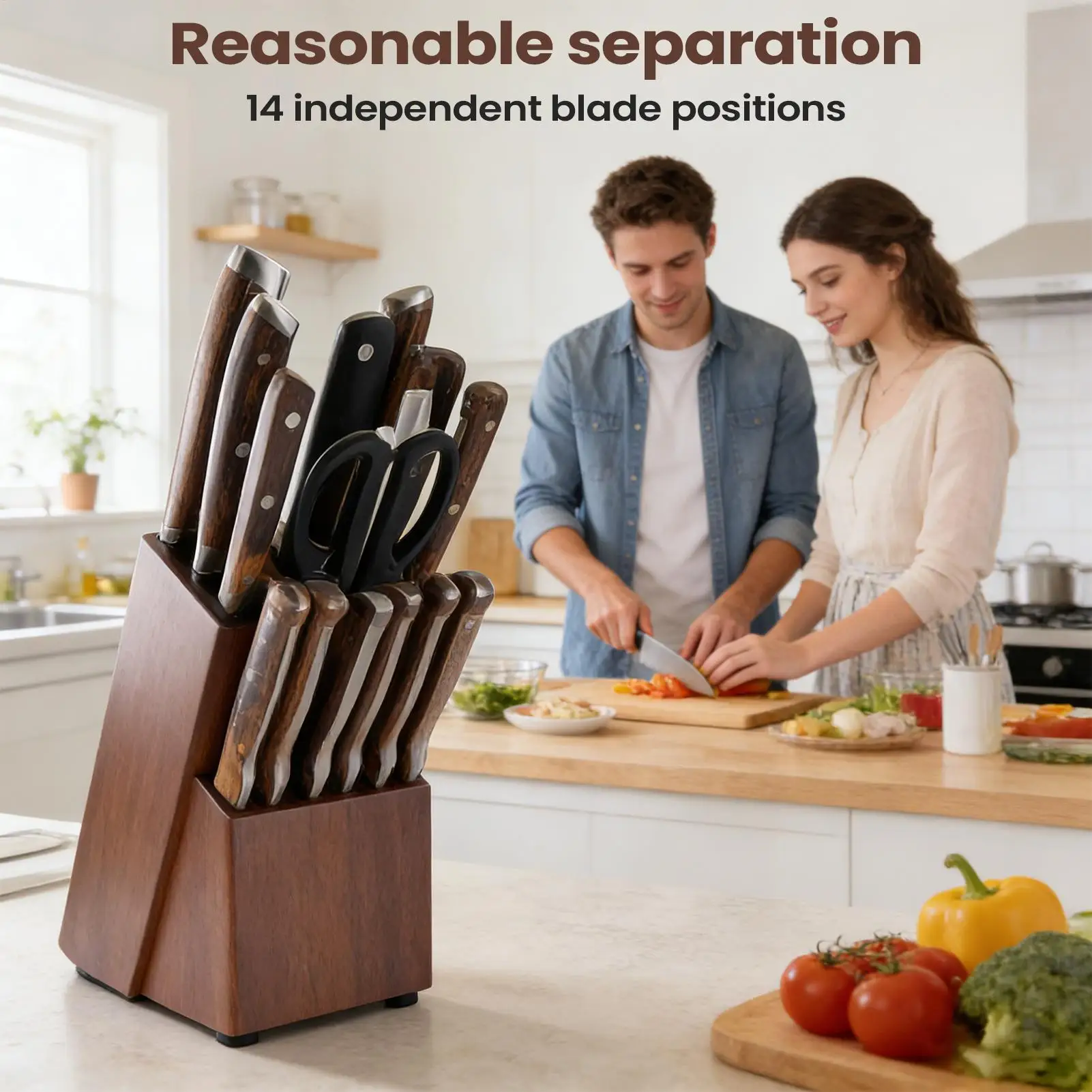 

Деревянная подставка для кухонных ножей на 14 слотов, держатель для ножниц, для кухонной столешницы, для дома