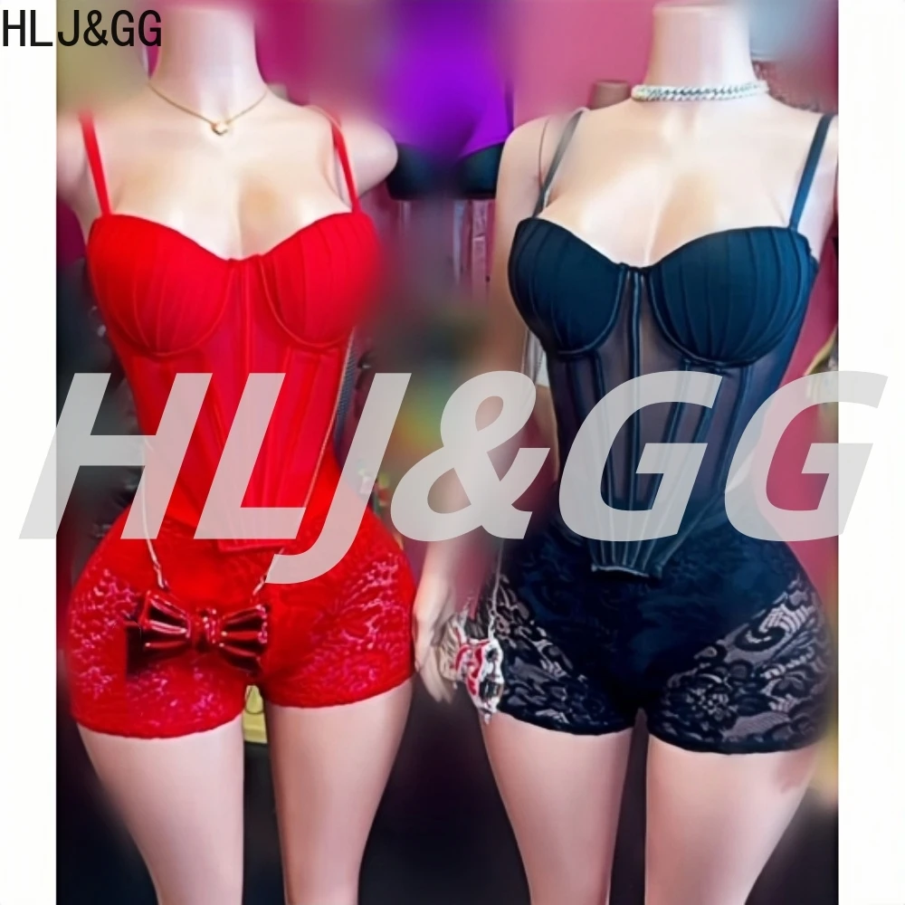 

HLJ&GG Sexy Y2K Lace See Though Shorts Two Piece Sets Women Spaghetti Strap Slim Crop Corset + Shorts Outfits Fashion Streetwear