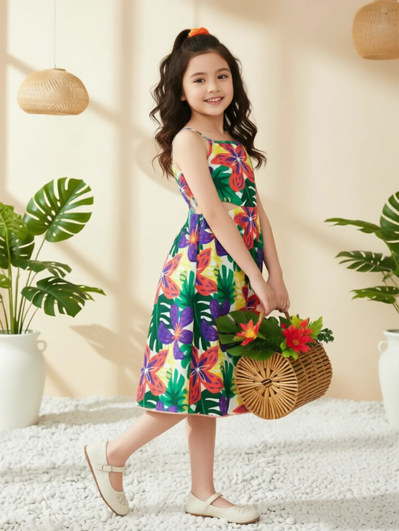 Summer Girls Dress Tropical Floral Print Spaghetti Strap Cut Out Waist Beach Dresses Hawaiian Holiday Outfits Kids Clothing 5-12