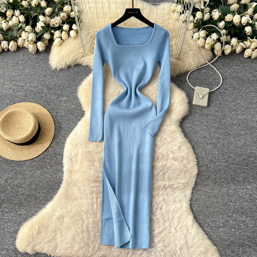 حقيقي الخريف الشتاء الجانب سبليت المرأة محبوك التفاف فساتين الصلبة طويلة الأكمام ساحة طوق أسفل غمد فستان رصاص الإناث