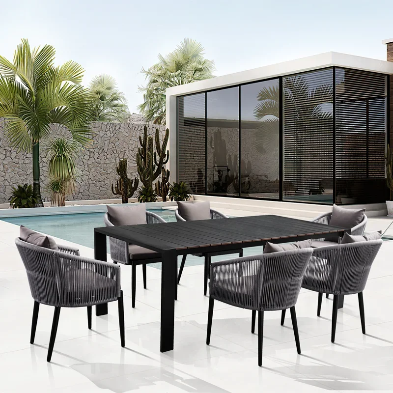 

# Black Garden Cafe Furniture 7 Piece Dining Sets Porch Rope Aluminum Outdoor Patio Table And 6 Seater Chairs #