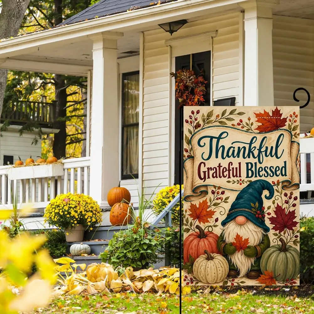 Fall Gnome Pumpkins Garden Flag 12x18 Thankful Grateful Blessed Yard Decor aaz