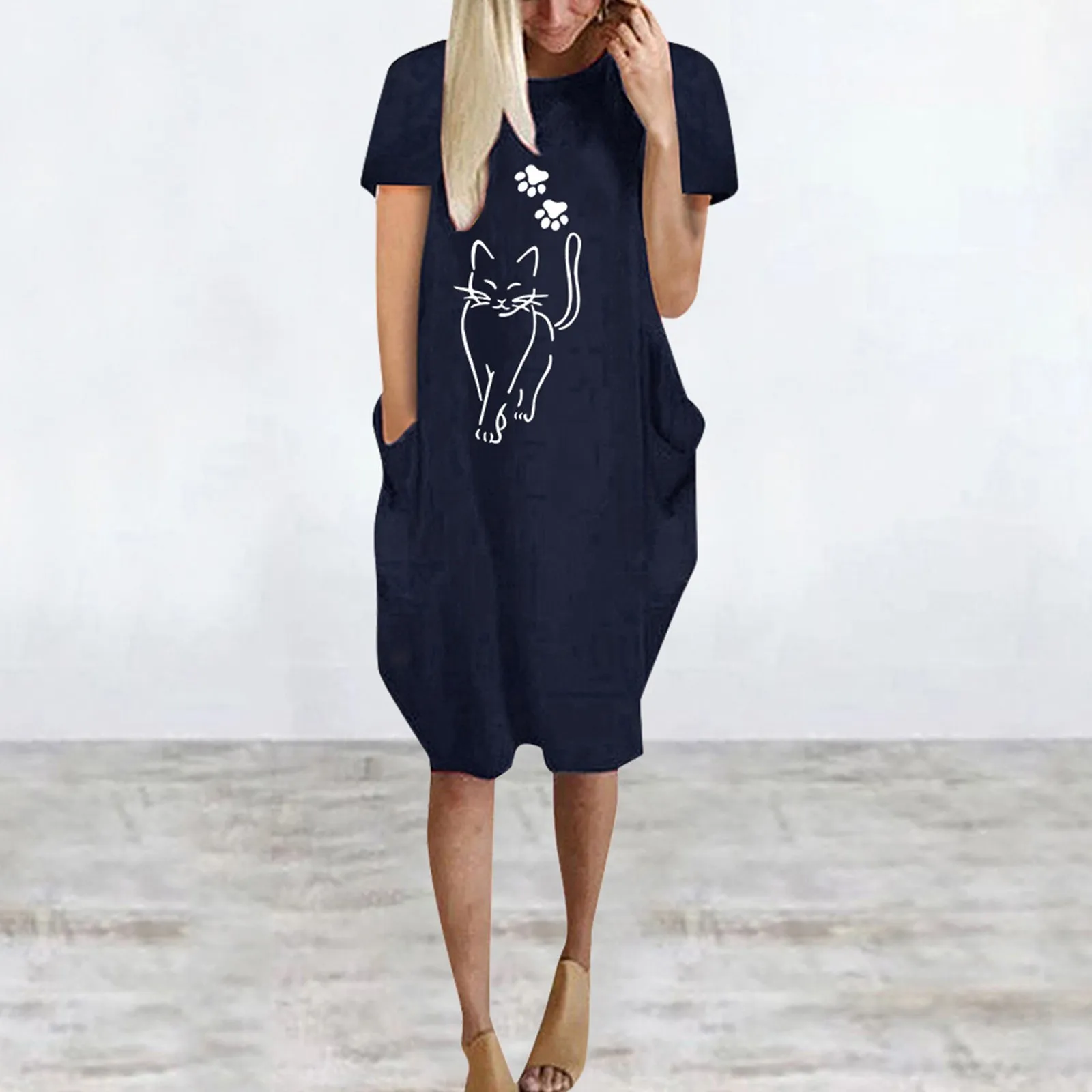 Women's Dress Oversized Short Sleeve Baggy Midi Tshirt Dresses Cat Printed Pockets Female Casual Robe Dresses For Women 2022