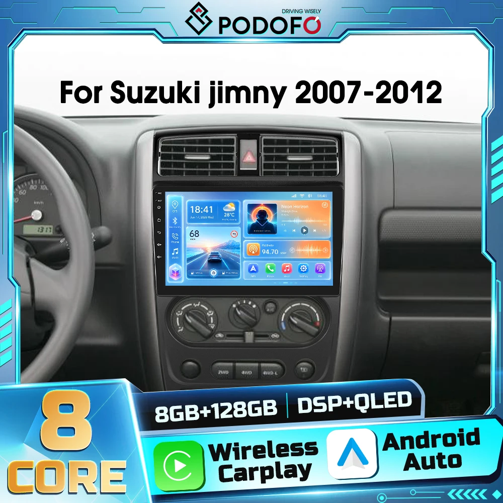 Podofo 8+128G, lettore multimediale per auto Android 2DIN, compatibile con Suzuki Jimny 2007-2012, con Bluetooth, ricevitore FM RDS, autoradio, Carplay wireless, Android Auto, navigazione GPS, WIFI e