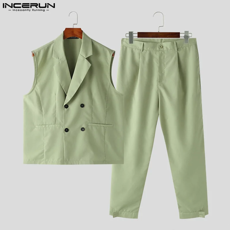 INCERUN 2024 Summer Men Sets Fashion Solid Suits 2PCS Sleeveless Blazer Vests Pants Trousers Streetwear Two-piece Sets Oversized