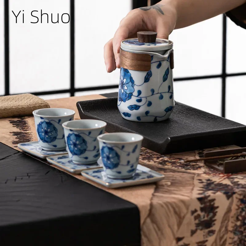 Blue and White Teapot Vintage Tea Water Separation Express Single Teapot Kung Fu Teacup Coaster Tea Infuser Tea Kettle