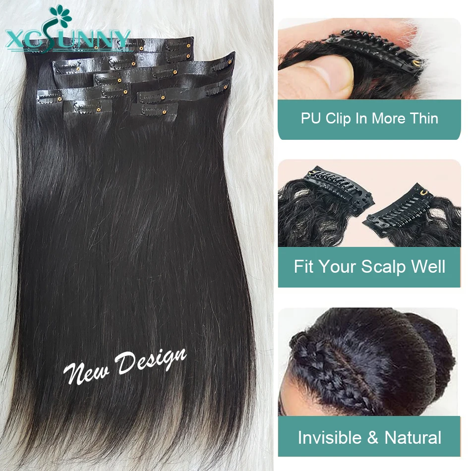 Extensões de cabelo humano para mulheres negras, Burmese Weft Clip Ins, Extensões de cabelo reto, Clipe PU para cabeça cheia, 3 Set