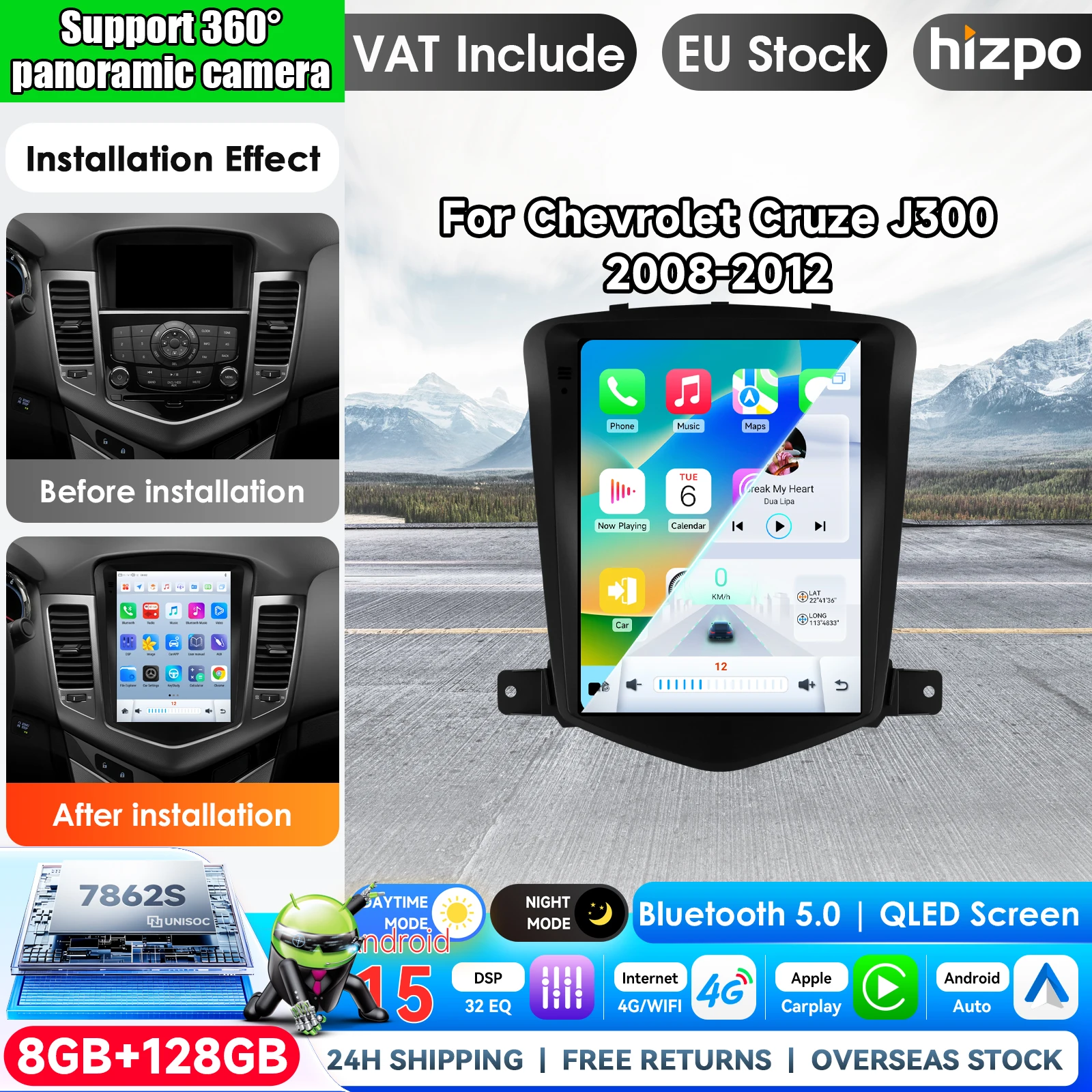 Hizpo Autoradio Android 9,7" per Chevrolet Cruze J300 2008-2012, Lettore Multimediale 2Din, Navigazione Video, 4G, Carplay, Unità Principale con Display Touch Stile Tesla, Airplay, Lettore Autoradio,