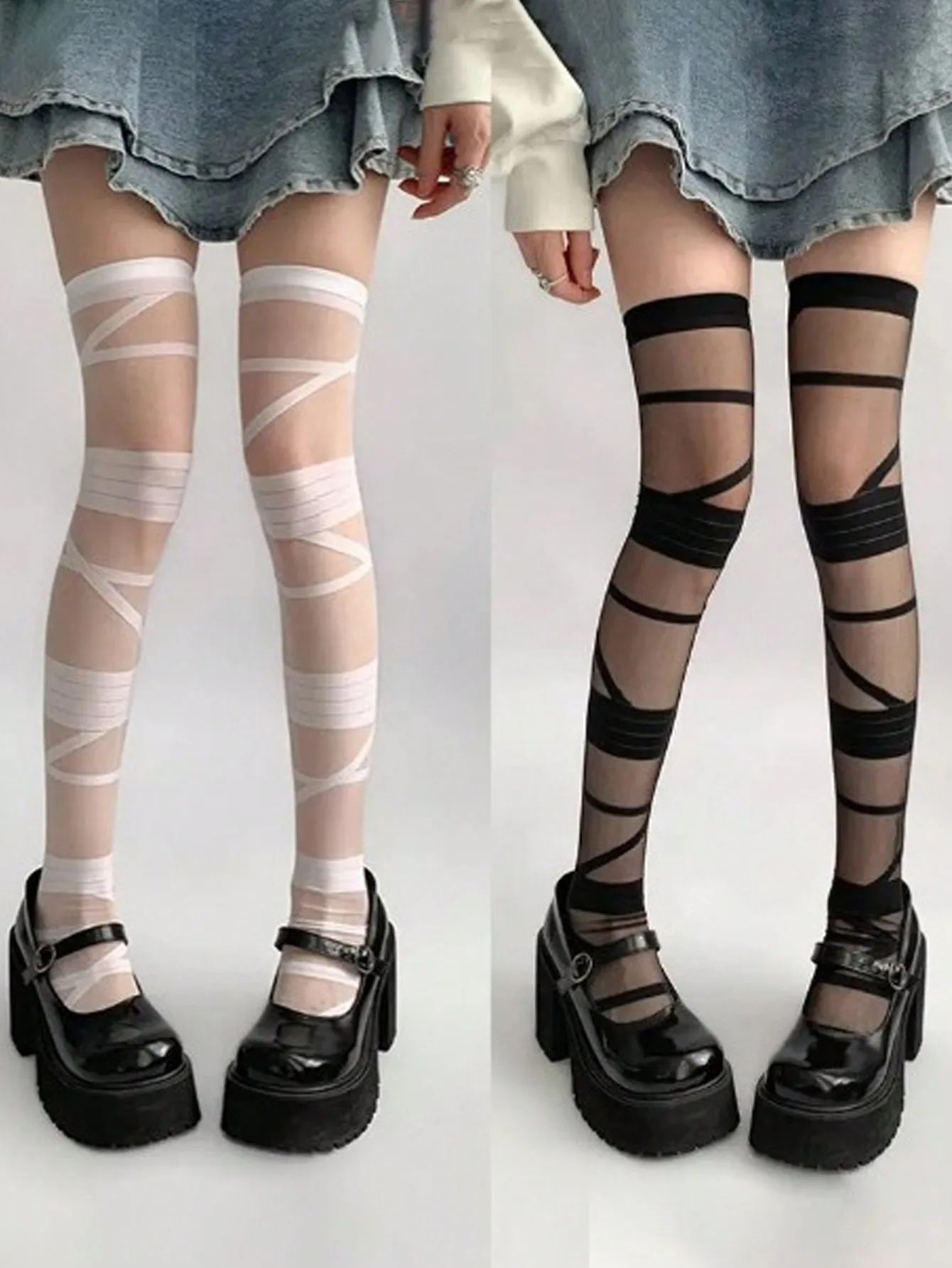

2 Pairs Y2K Bandage Thigh High Socks - White & Black Sheer Stockings with Ribbon Straps for Spring Summer