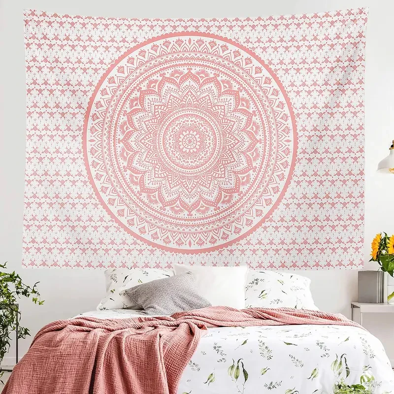 VIKAMA Pink White Boho Mandala Tapestry, Ethnic Floral Print Wall Hanging for Bedroom, Living Room, Dorm & Bohemian Home Decor