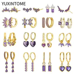 925 Sterling Silver Needle Luxury Purple Zircon Earrings for Women Exquisite Heart Geometric Pendant Earrings Fashion Jewelry