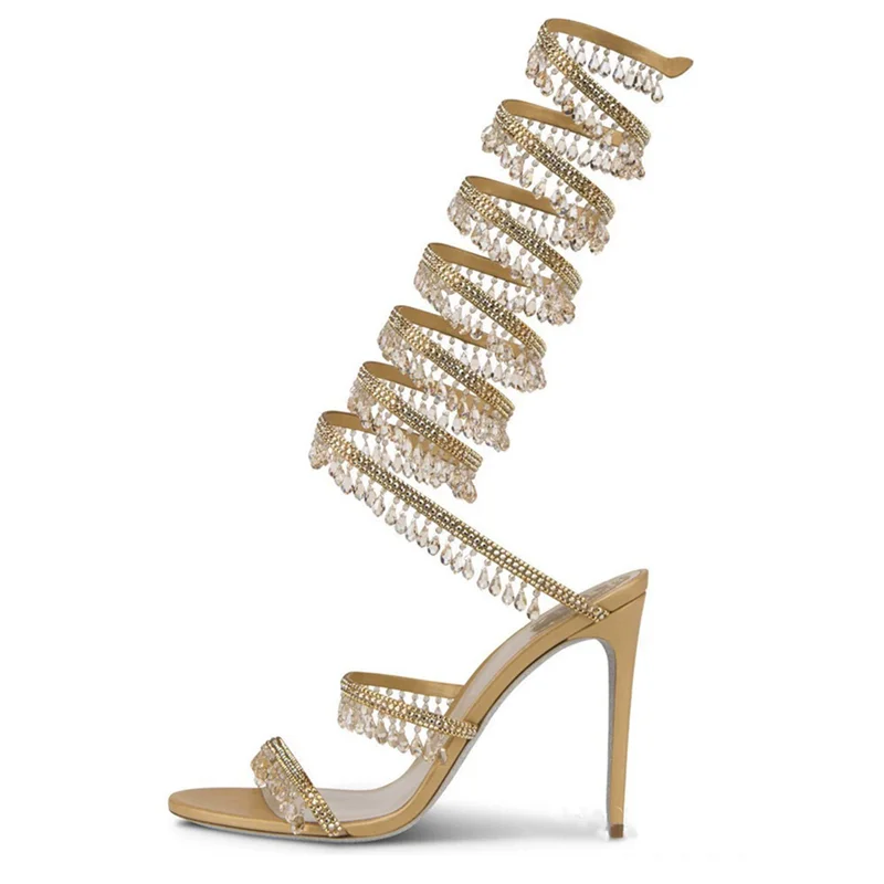 Thin high-heeled sandals summer new snake-shaped wrapped crystal pendant fringed rhinestone shoes banquet large-size women shoes view 4