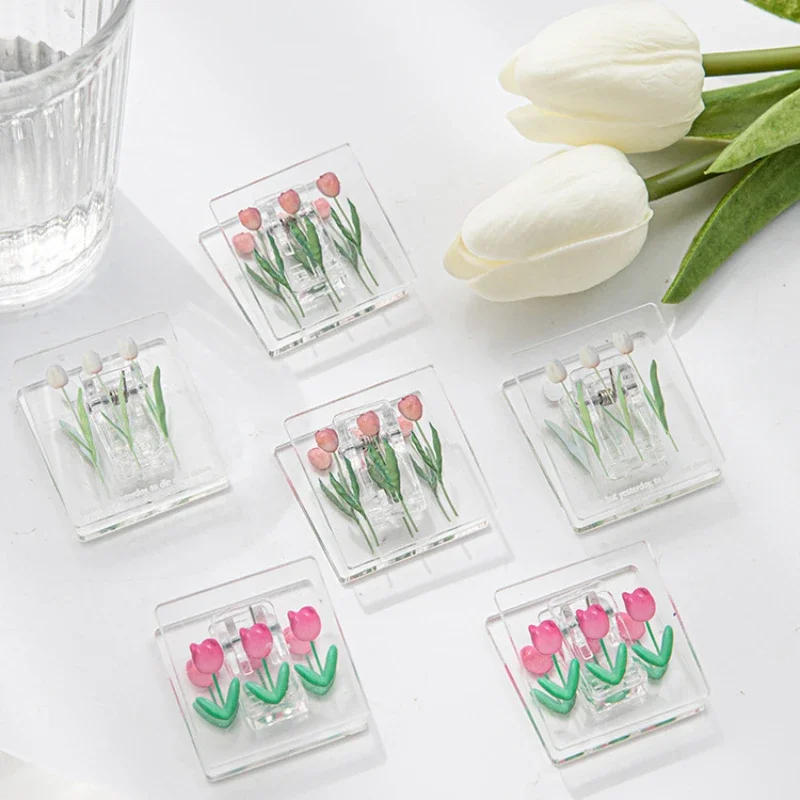 INS Small Fresh Tulip Transparent Acrylic Square Clips Note Paper File Organizer Clamp Snack Seal Clip School Office Accessories