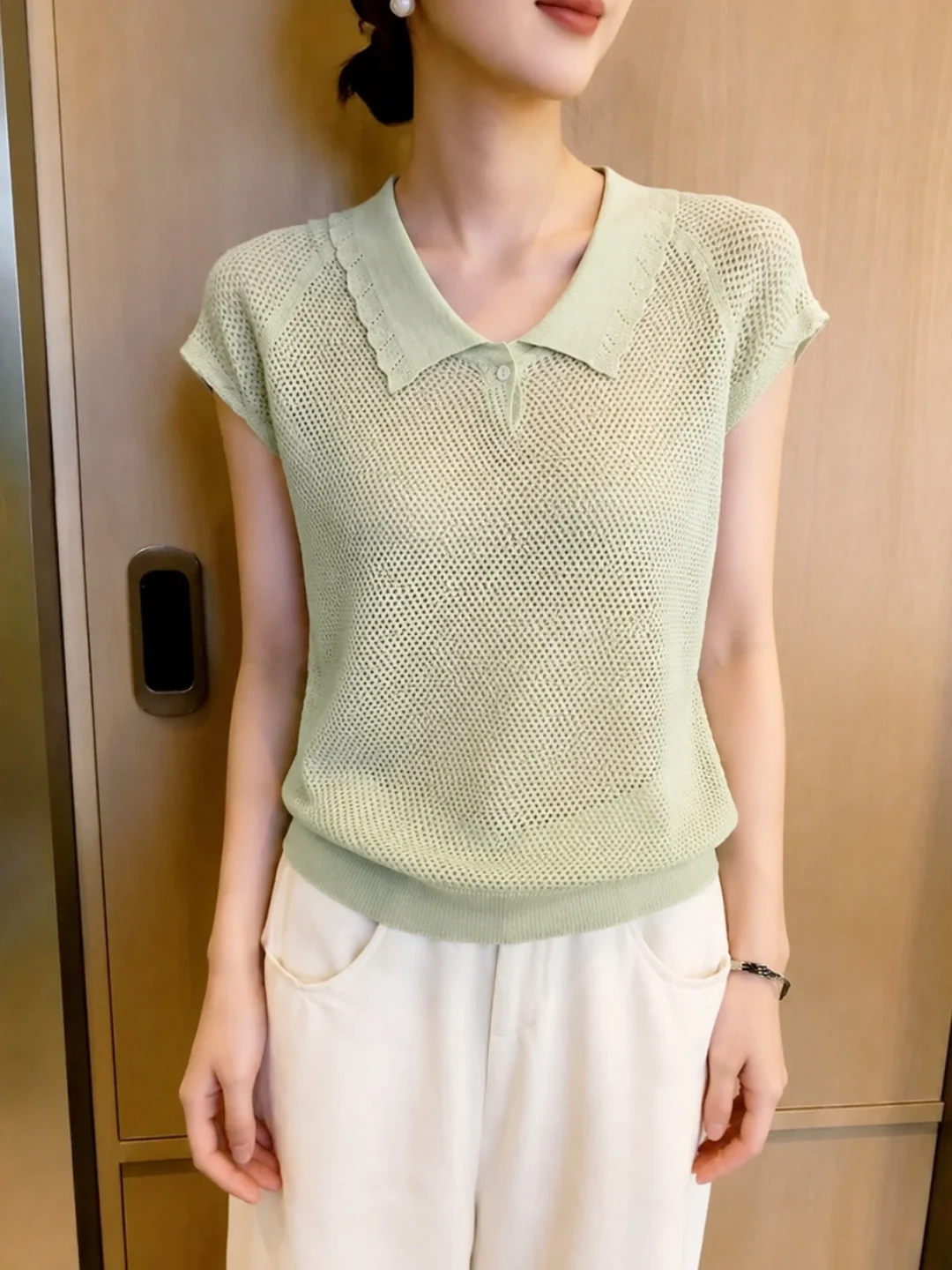 

Summer Slim Fit Neck Short Sleeve Knitted Ice Silk Soft Top Women's Fashion Korean Style Straight Cut Basic Color