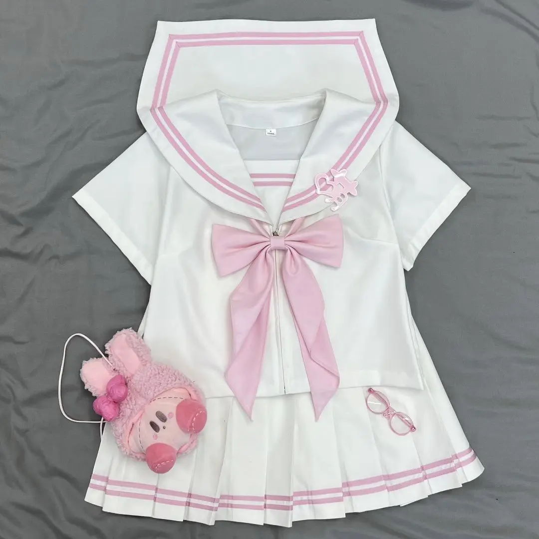 Süße rosa Matrosenuniform im koreanischen und japanischen Stil, langärmeliges und kurzärmeliges Oberteil, Schulstil-Set, süßes Rollenspiel-Cos