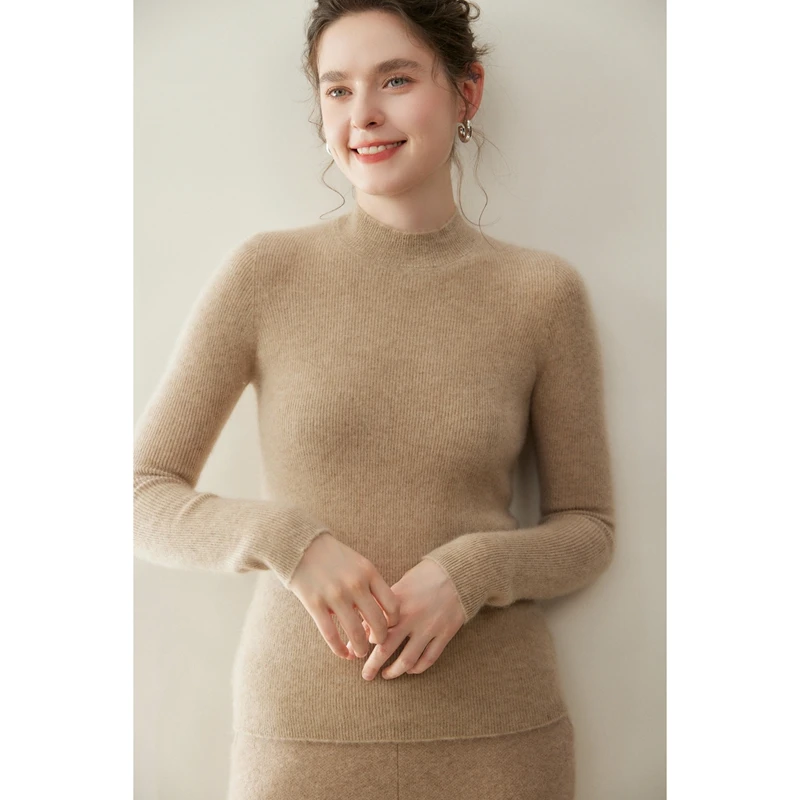 

Женский свитер из 100% кашемира с воротником-стойкой, длинным рукавом, приталенный, простой стиль, кашемировый трикотаж, осенне-зимний теплый облегающий топ