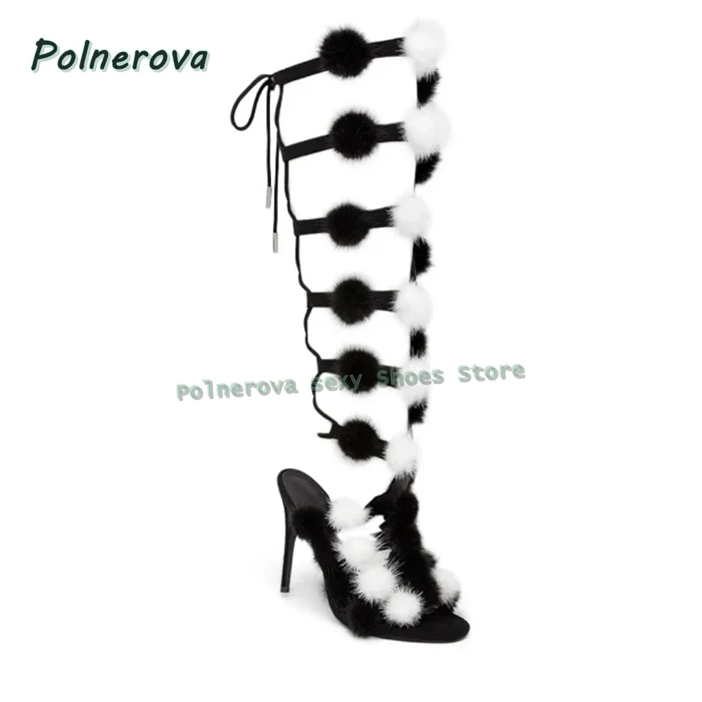 حار فتاة حذاء برقبة للركبة الصيف أبيض وأسود الفراء بوم بوم مثير المصارع المفتوحة تو خنجر قطع مختلط الألوان عبر تعادل