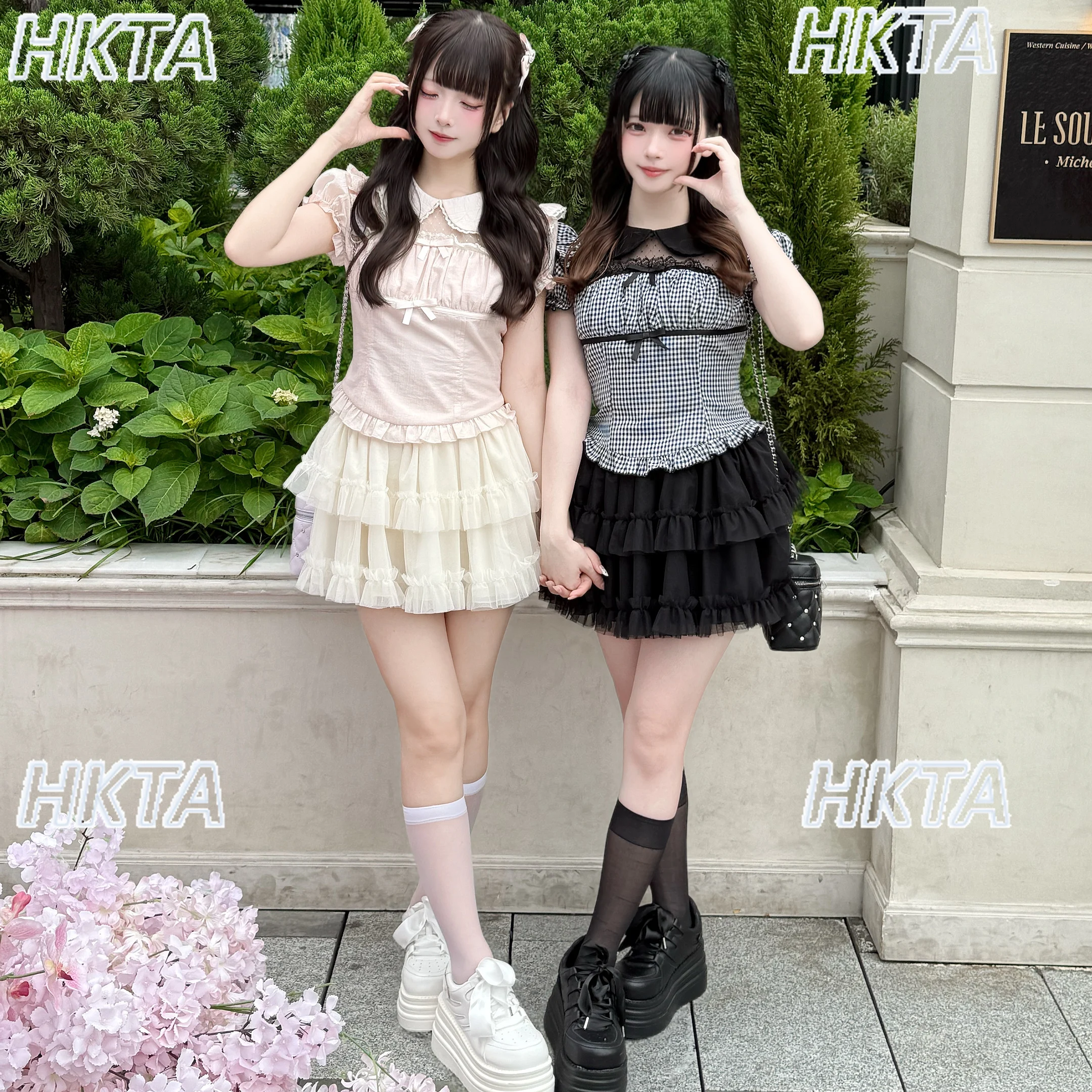 Japonês doce arco fino gola boneca manga curta lolita curto topo t camisas femininas outono bonito renda xadrez preto e branco camisa