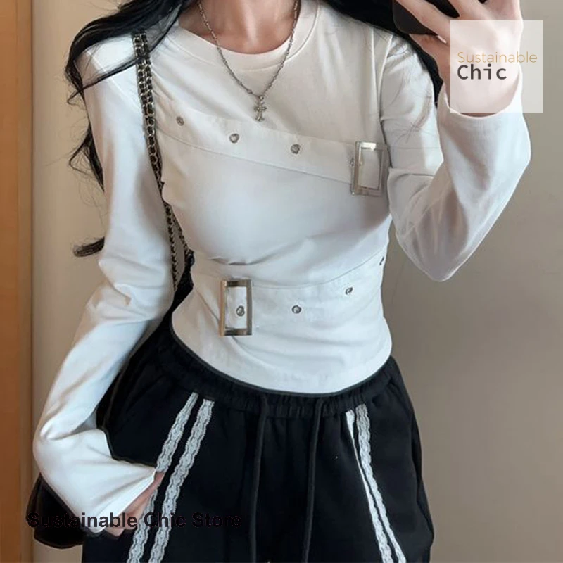 American spice girl round neck black bottoming shirt Joker long sleeve T-shirt women's spring and autumn new slim short top