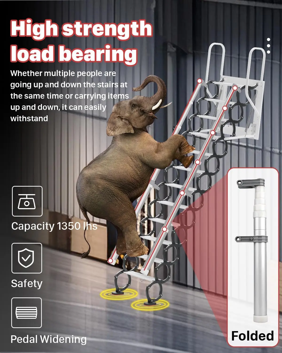 12 Steps Retractable Loft Foldable Ladder, Stairs Pull Down System for Height 9~9.8ft, Wall-Mounted Collapsible Ladder,