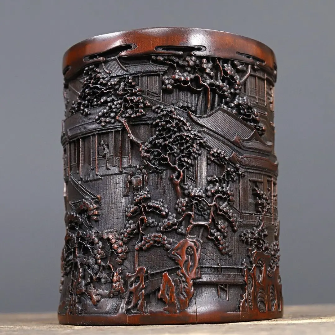 Antique Bamboo Carved Scenery Brush Pot Pen Holder Desktop Organiser Office Desk Accessory Office Supplies